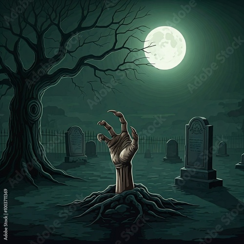 Graveyard Horror: A Zombie's Hand Breaking Through the Tombstone