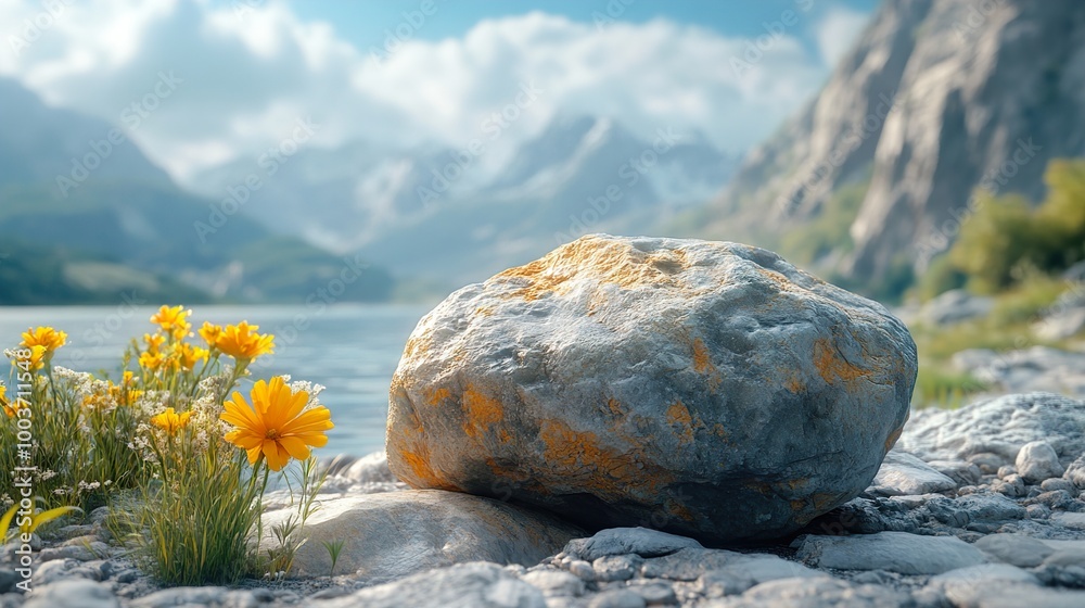Serene Mountain Landscape with River and Flowers Serene Mountain Landscape with River and Flowers