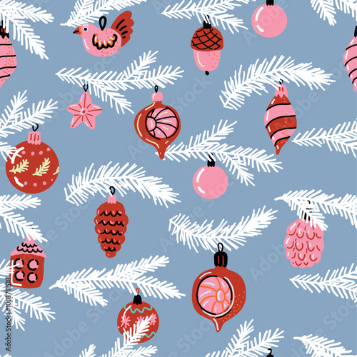 Red Christmas baubles with fir branches. Vintage Christmas glass on blue background. Retro ornament seamless pattern.