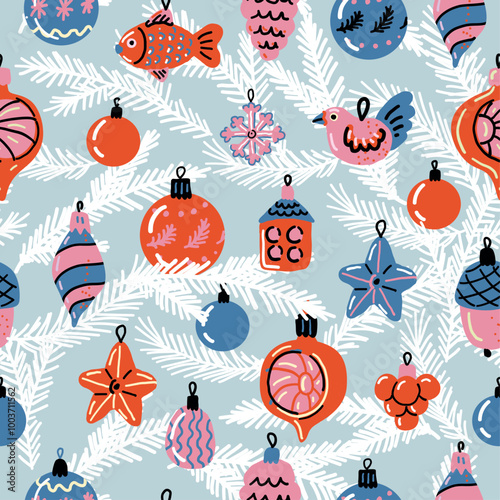 Red and blue Christmas baubles. Vintage Christmas glass. Retro ornament seamless pattern.