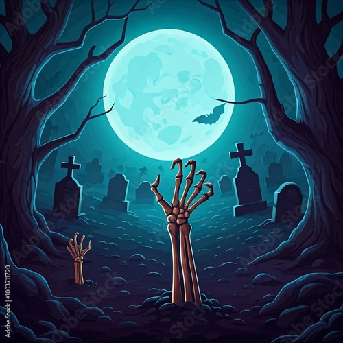 Full Moon Illuminates a Skeleton's Hand Reaching for the Sky