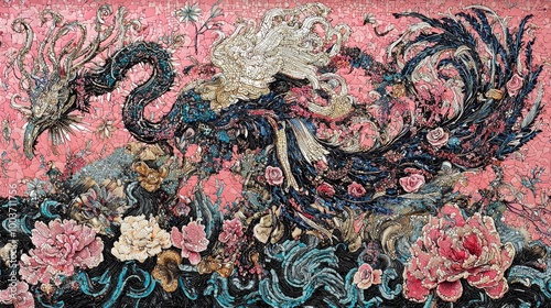  A painting of a bird and flowers against a pink backdrop, framed by black and white lines at its base