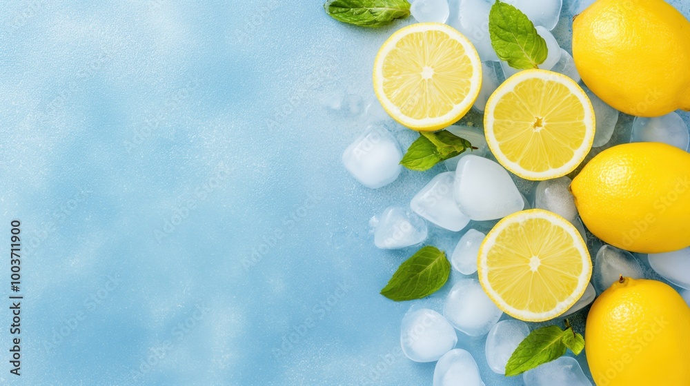 A blue background with copy space and a bunch of lemons and ice cubes. A blue background with copy space and a bunch of lemons and ice cubes.