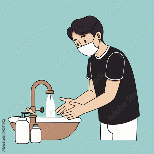 Man in a mask washing hands at a sink on a light blue background for stock concept