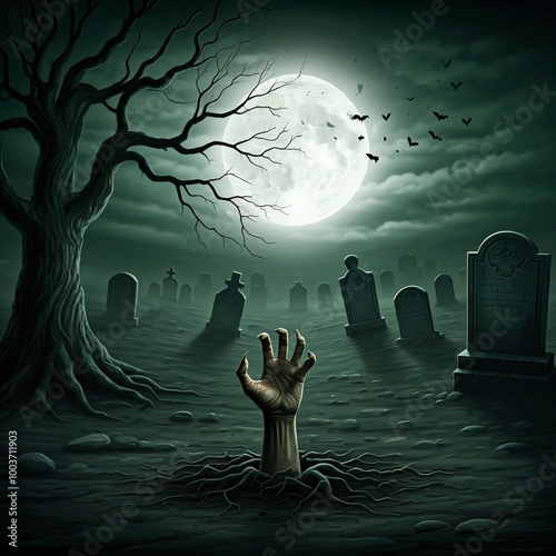 Dark and Mysterious Graveyard with a Zombie's Hand