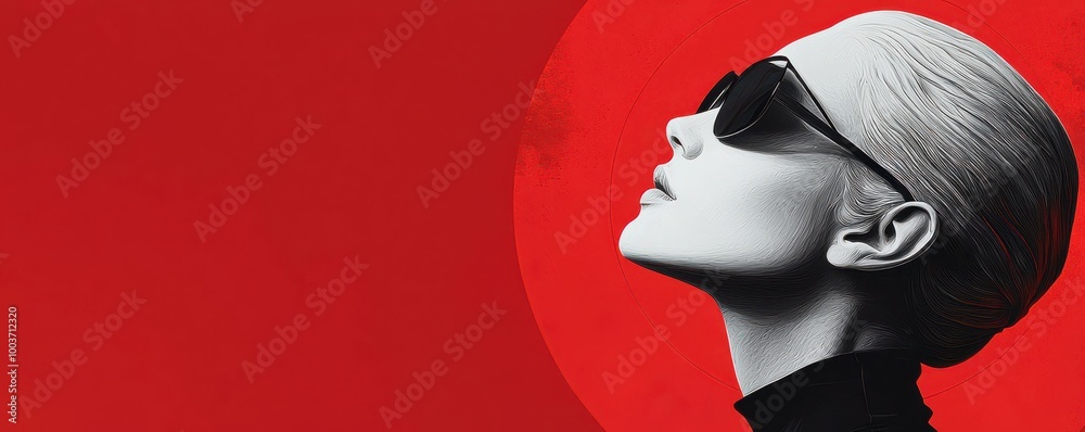 Fashion portrait of a woman with artistic white face makeup on a vibrant red background conveying elegance and modern style Fashion portrait of a woman with artistic white face makeup on a vibrant red background conveying elegance and modern style