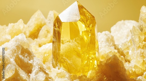  A yellow crystal atop a mound of white rocks, surrounded by itsown kind against a yellow backdrop