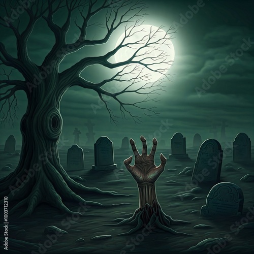 Eerie Cemetery at Night with a Zombie Reaching Out