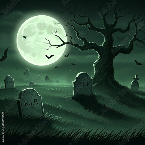 Haunted Graveyard with a Twisted Tree and Full Moon
