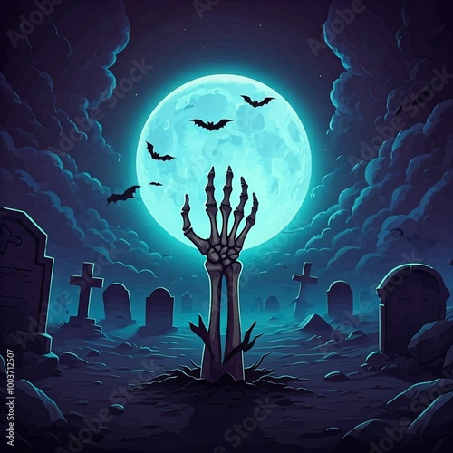 Spooky Graveyard Scene with a Rising Skeletal Hand