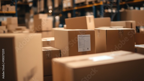 A collection of cardboard boxes stacked in a warehouse, showcasing organization and storage in a commercial environment.