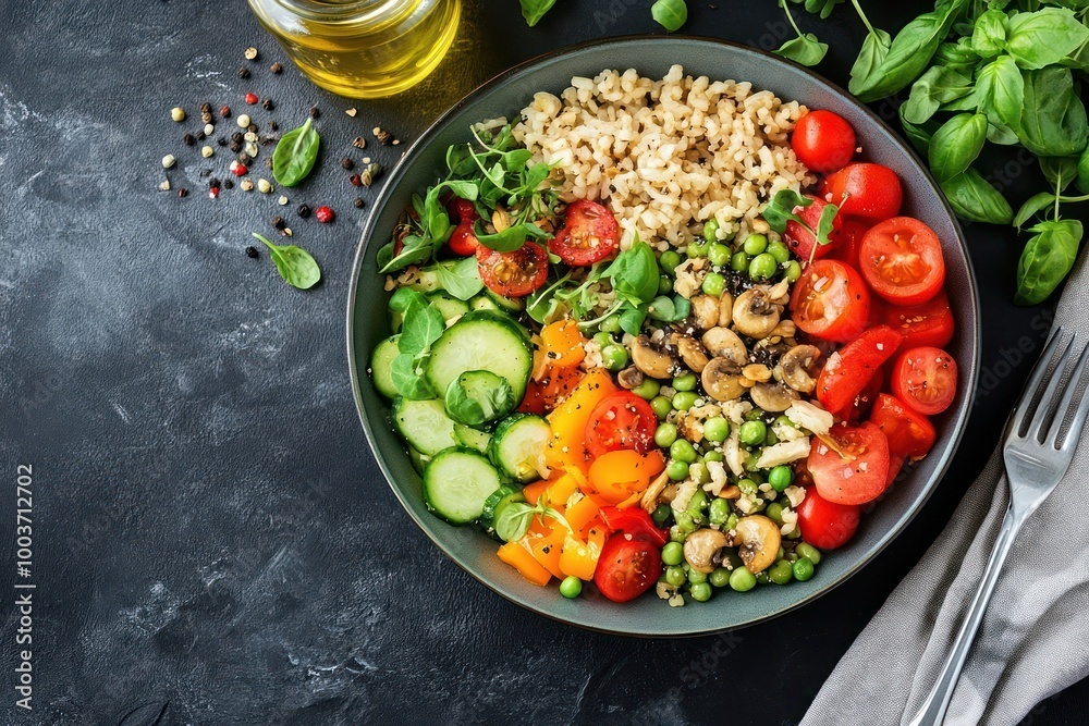 A healthy bowl of brown rice, cucumber, tomatoes, peppers, peas, and mushrooms. A healthy bowl of brown rice, cucumber, tomatoes, peppers, peas, and mushrooms.
