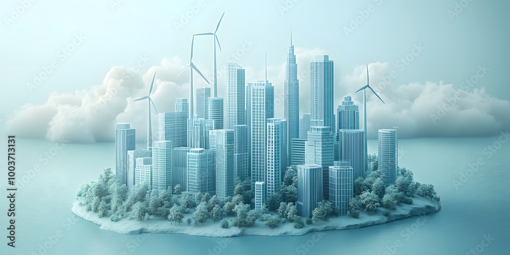 A miniature eco-friendly city features light blue skyscrapers and wind turbines, representing a sustainable urban design concept in a 3D render with futuristic architecture and clean technology. A miniature eco-friendly city features light blue skyscrapers and wind turbines, representing a sustainable urban design concept in a 3D render with futuristic architecture and clean technology.