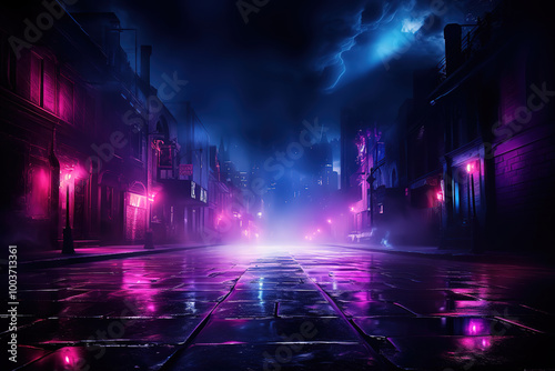 Attractive Neon lit street night alley of a futuristic city cyberpunk