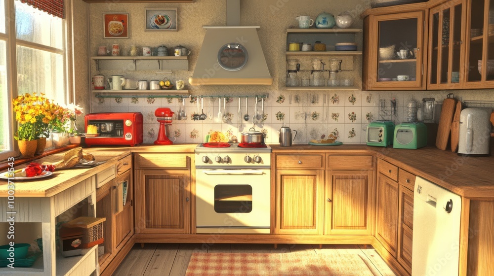 3D effect of a homey kitchen with detailed vintage appliances, wooden cabinets, and a lively 3D effect of a homey kitchen with detailed vintage appliances, wooden cabinets, and a lively