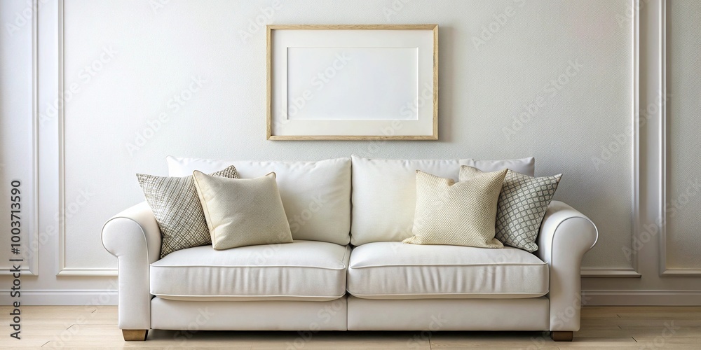 Fototapeta premium White picture frame mockup on a sofa with pillows, reflected