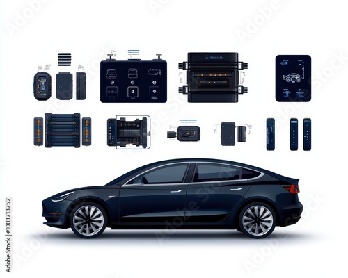 Electric car with accessories, white isolate background