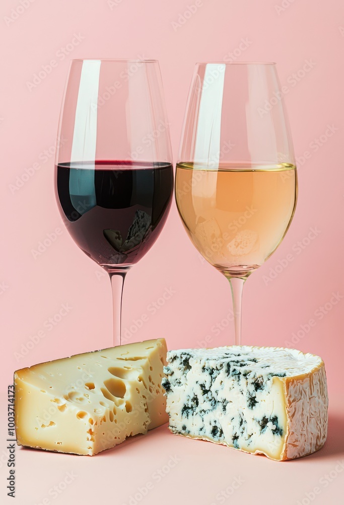 Minimalist composition with two glasses of wine and cheese against a textured pink backdrop with shadow play Minimalist composition with two glasses of wine and cheese against a textured pink backdrop with shadow play