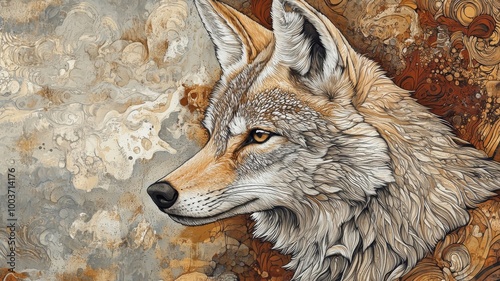 Textured pattern coyote illustration, with intricate layers and rich artistic details. photo