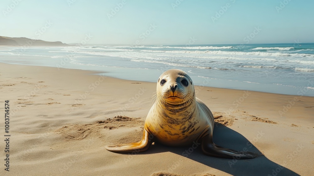Obraz premium Seal basking on a sunny beach, surrounded by sand and gentle waves, with the ocean stretching into the horizon.