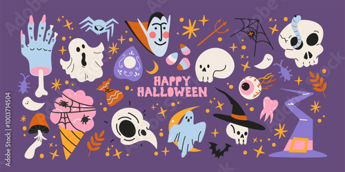 Halloween stickers and scary magic in cartoon style 90s. Vintage witchcraft shapes: skull, pumpkin, witch, ghosts, eye, potion. Spooky scary groovy patches set.