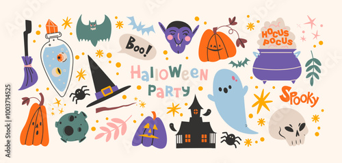 Halloween stickers and scary magic in cartoon style 90s. Vintage witchcraft shapes: skull, pumpkin, witch, ghosts, eye, potion. Spooky scary groovy patches set.
