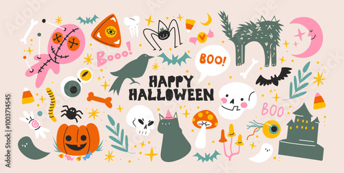 Halloween stickers and scary magic in cartoon style 90s. Vintage witchcraft shapes: skull, pumpkin, witch, ghosts, eye, potion. Spooky scary groovy patches set.