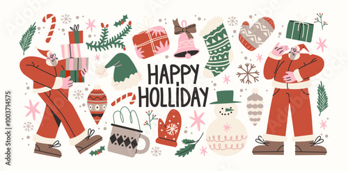 Christmas new year stickers in cartoon style. Holiday gifts, santa, christmas tree, coziness. Holiday seasonal vector illustrations in retro groovy style