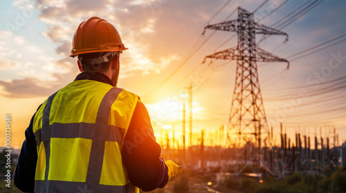 Fototapeta Naklejka Na Ścianę i Meble -  Worker observing power lines at sunset.