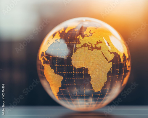 A transparent hollow globe showcasing modern design with an orange grid pattern, symbolizing accessible education and global connectivity. warm lighting enhances its contemporary appeal