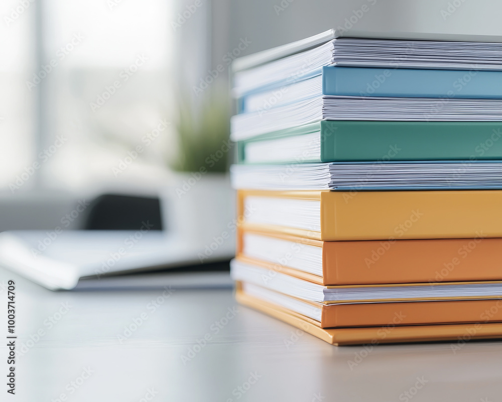 Close up of color coded files and folders stacked neatly on desk, showcasing vibrant organization system. arrangement adds cheerful touch to workspace Close up of color coded files and folders stacked neatly on desk, showcasing vibrant organization system. arrangement adds cheerful touch to workspace