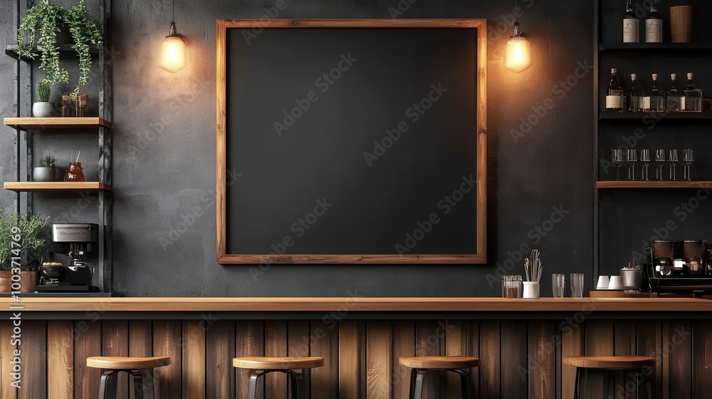 Industrial Blackboard on Wall in Modern Cafe Setting Industrial Blackboard on Wall in Modern Cafe Setting