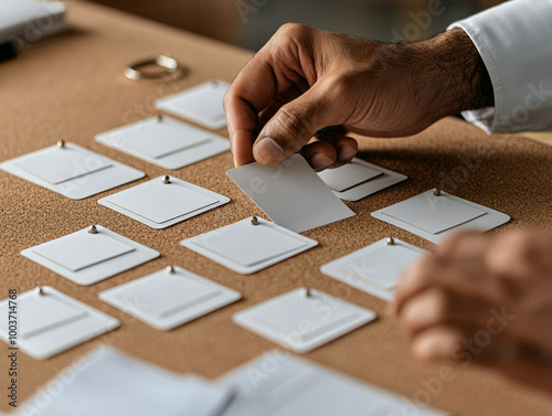 Hands placing task cards in order of importance on table, showcasing methodical approach to organization and prioritization. focus is on careful arrangement of blank cards