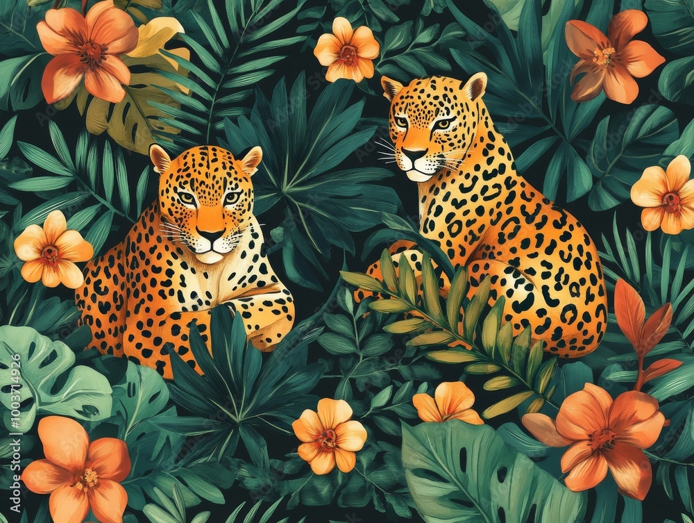 Obraz premium 2408 8.Leopard and tropical foliage seamless print: A jungle-themed pattern with leopards lounging under palm trees surrounded by exotic flowers and leaves. The vibrant hand-drawn wild animals and