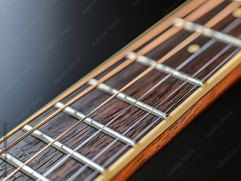 Close up of guitar string vibrating after pluck, showcasing intricate details of fretboard and strings. image captures beauty and craftsmanship of instrument Close up of guitar string vibrating after pluck, showcasing intricate details of fretboard and strings. image captures beauty and craftsmanship of instrument