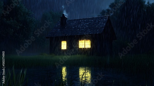 a small, dark cabin in a rainy night setting. The cabin has two brightly lit windows, which cast a warm yellow glow. This light reflects on the water in front of the cabin, creating a mirrored effect.