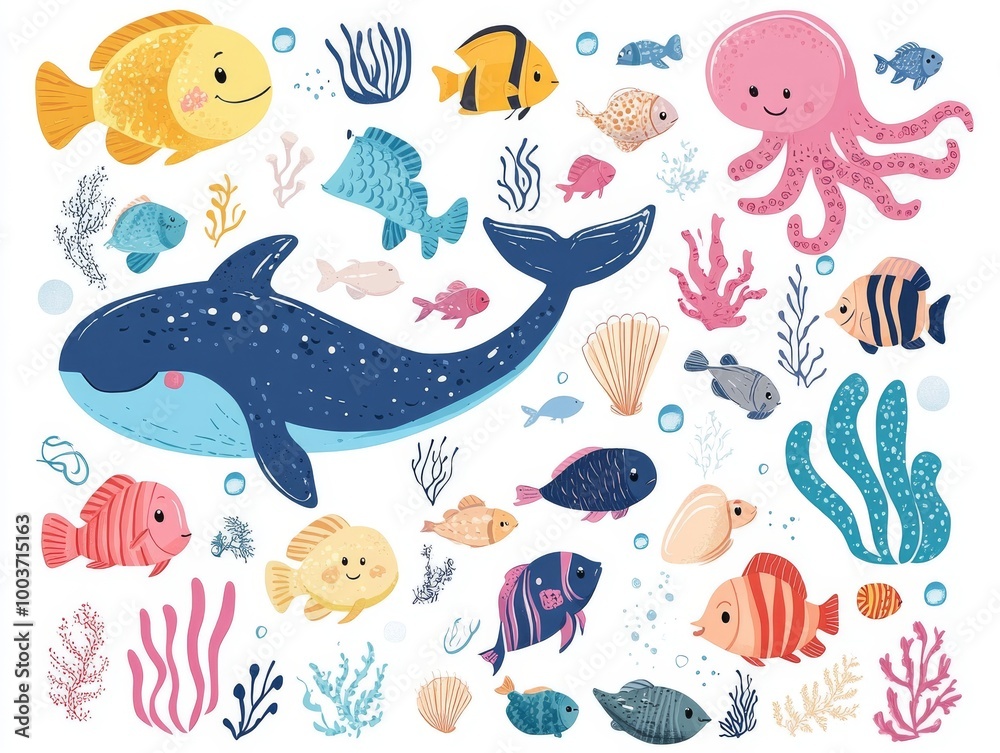 2408 11.Cute sea creatures and elements: A whimsical collection of sea animals, including colorful fish, an adorable octopus, a smiling whale, and various shells and seaweed, all arranged on a white 2408 11.Cute sea creatures and elements: A whimsical collection of sea animals, including colorful fish, an adorable octopus, a smiling whale, and various shells and seaweed, all arranged on a white