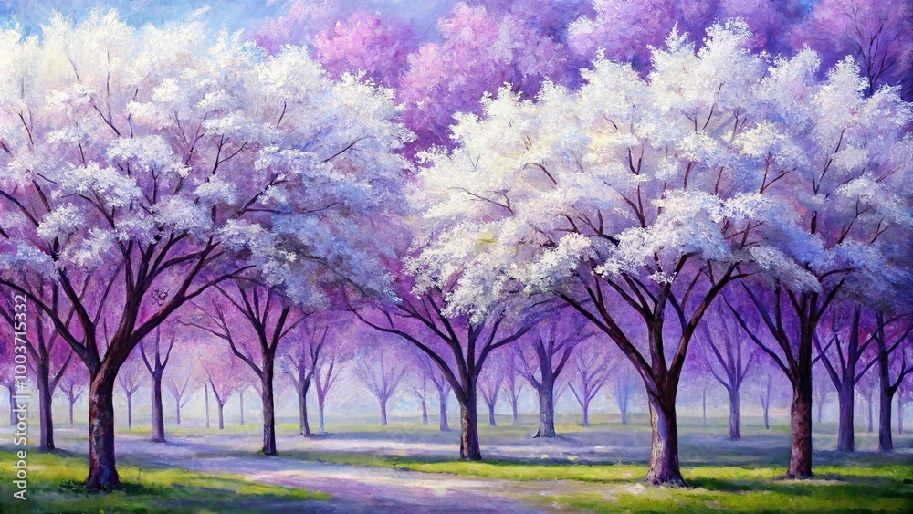 White purple spring trees acrylic painting on canvas Extreme Close-Up White purple spring trees acrylic painting on canvas Extreme Close-Up