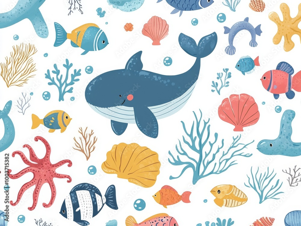 2408 15.Adorable sea creatures on white: A sweet collection of fish, an octopus, a whale, and shells, all illustrated in a colorful, cartoonish style. Set on a white background, the playful sea