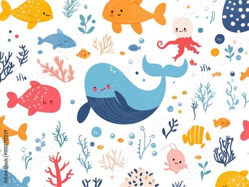 2408 14.Marine life set with white backdrop: A fun and cheerful design featuring cute sea animals such as a whale, octopus, fish, and sea plants on a white background. The colorful and cartoonish