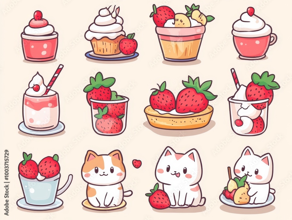 2408 23.Sweet cats and desserts: A charming collection of little cats with strawberry-themed desserts, milkshakes, and fruit treats. The kawaii design style and bright, cheerful colors make this set 2408 23.Sweet cats and desserts: A charming collection of little cats with strawberry-themed desserts, milkshakes, and fruit treats. The kawaii design style and bright, cheerful colors make this set