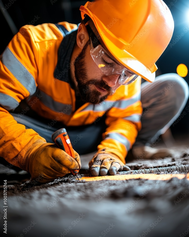 A construction worker in a safety vest and hard hat marks a measurement on the ground at a construction site. A construction worker in a safety vest and hard hat marks a measurement on the ground at a construction site.