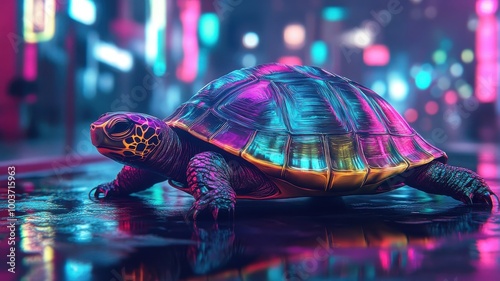 A turtle in Synthwave style, with neon colors and a retro-futuristic backdrop. photo