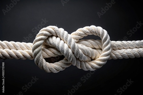 White rope tied in bowline on a bight knot on black background panoramic