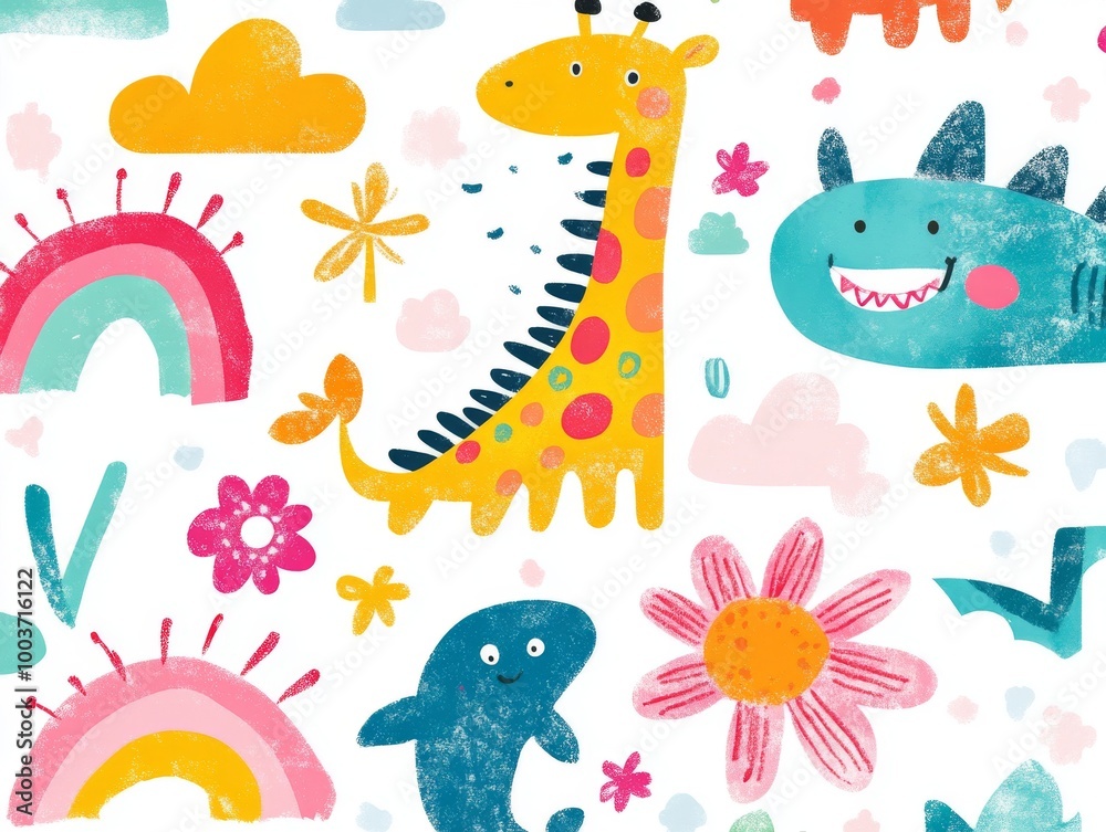 Obraz premium 2408 31.A vibrant kids' drawing illustration set, featuring hand-drawn animals like a giraffe, crocodile, and shark. The colorful doodles include playful rainbows, flowers, and clouds, all created