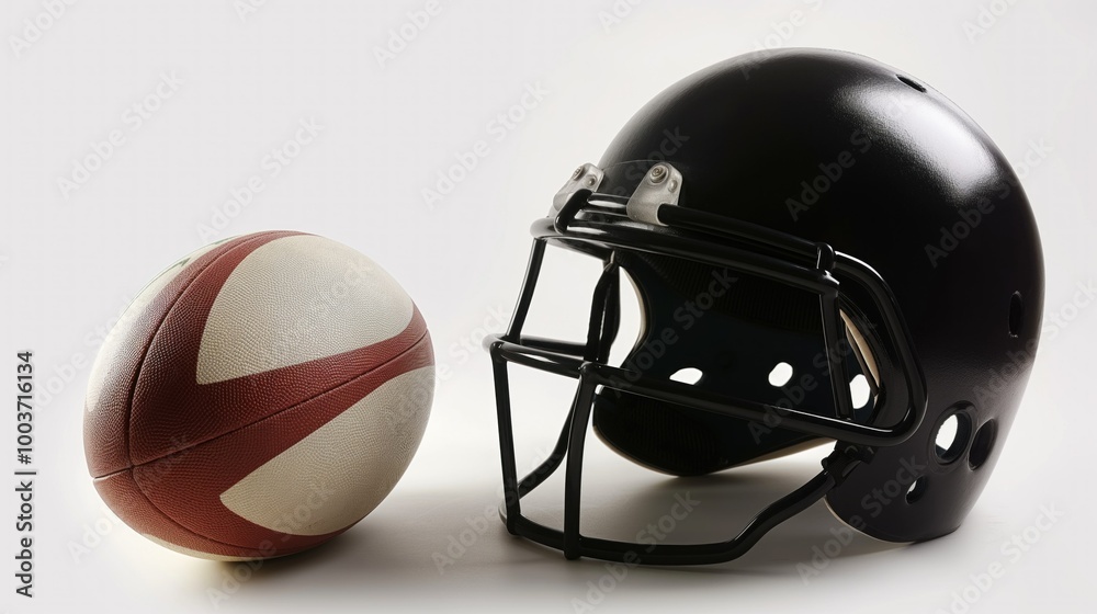 Rugby ball on white background, close-up of leather ball with laces. Helmet nearby, isolated object on plain white. Equipment for rugby sport, protective gear for athletes. Rugby ball on white background, close-up of leather ball with laces. Helmet nearby, isolated object on plain white. Equipment for rugby sport, protective gear for athletes.