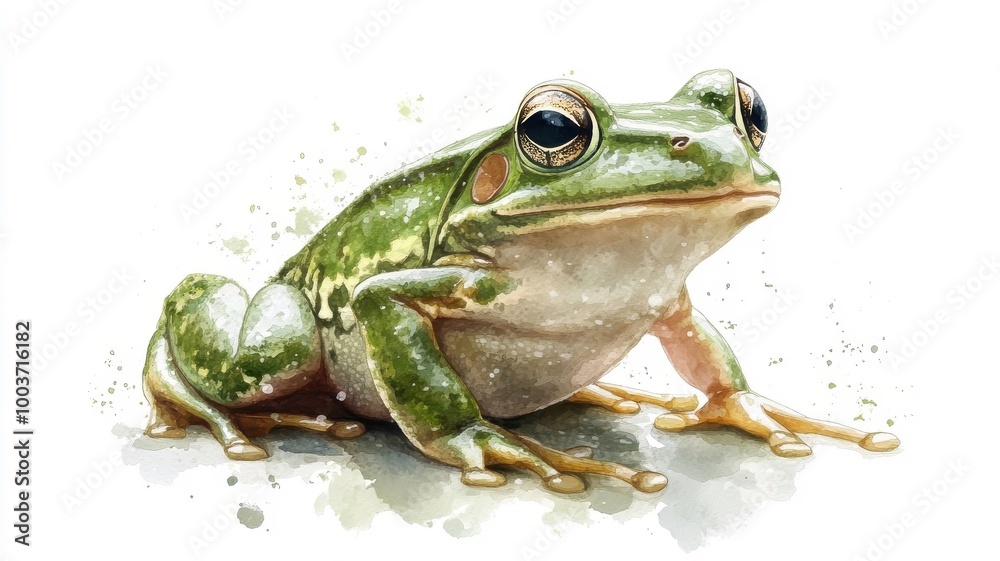 Fototapeta premium A frog illustrated in watercolor style, capturing its vibrant green hues and delicate features in soft, blended tones.