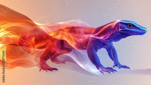 A Komodo dragon depicted in Morphism style, with smooth gradients and abstract shapes emphasizing its powerful body. photo