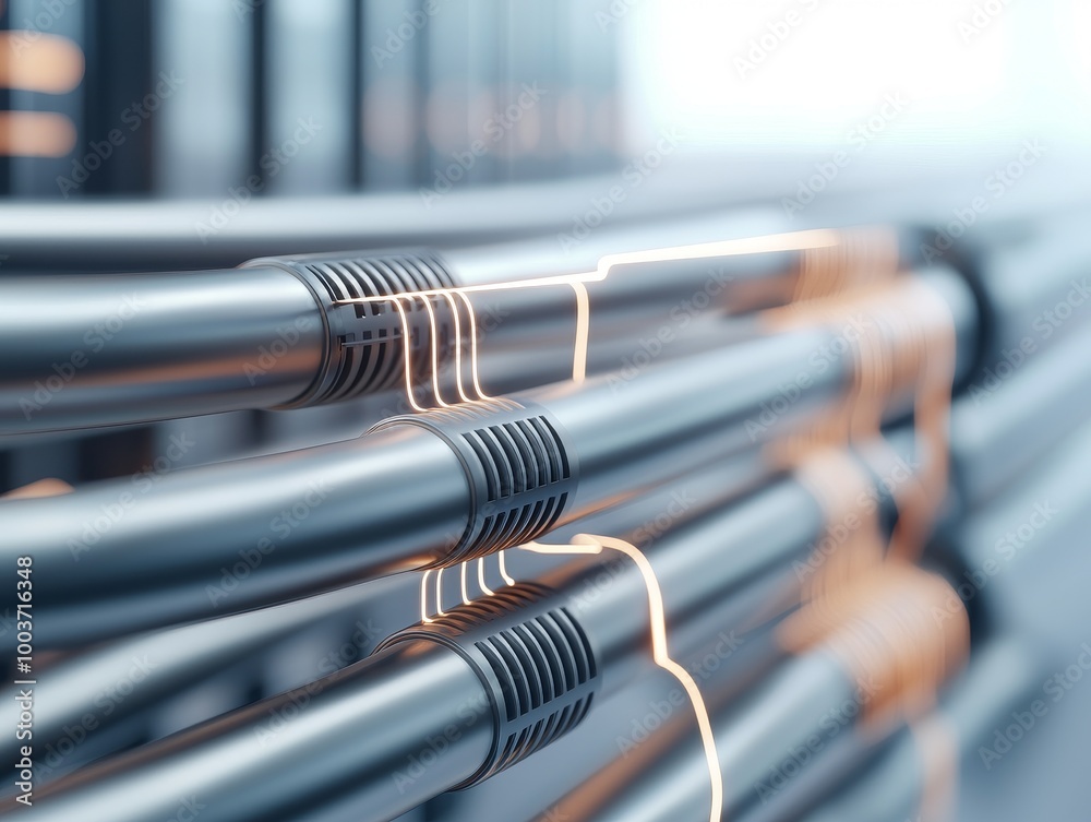 Abstract image of metallic pipes connected with glowing lines, representing data flow or energy transfer. Abstract image of metallic pipes connected with glowing lines, representing data flow or energy transfer.