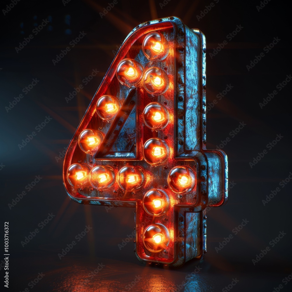 Number 4 neon sign number four on a dark background Number 4 neon sign number four on a dark background